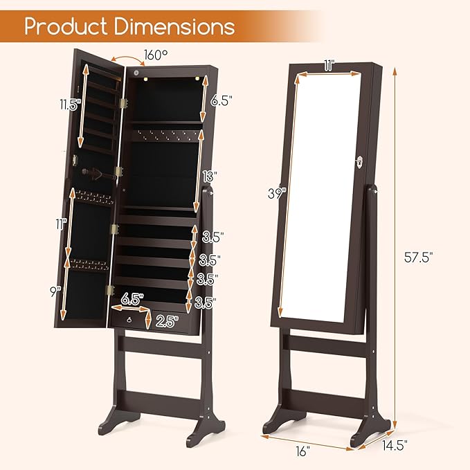 Giantex 2 LEDs Standing Jewelry Cabinet with Full Length Mirror, Lockable Mirrored Jewelry Armoire with 2 Drawers, 4 Adjustable Angles, Jewelry Storage Organizer, Brown