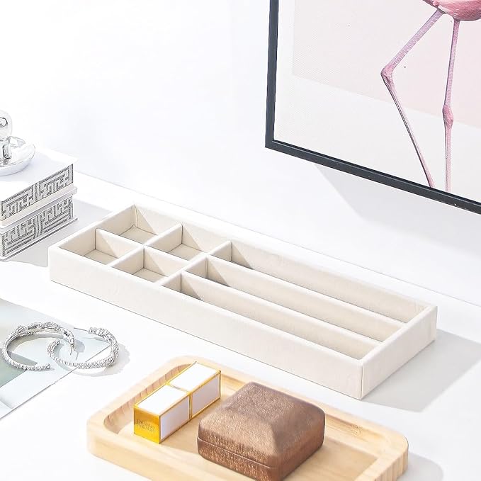 2Pcs Desk Drawer Storage Tray, Nightstand Organizer Tray, Necklace Bracelet Ring Earring Jewelry Display Tray, Grid Table Organizer Holder Tray for Sunglass, Phone, Watch, Perfume (7 grid)/Beige