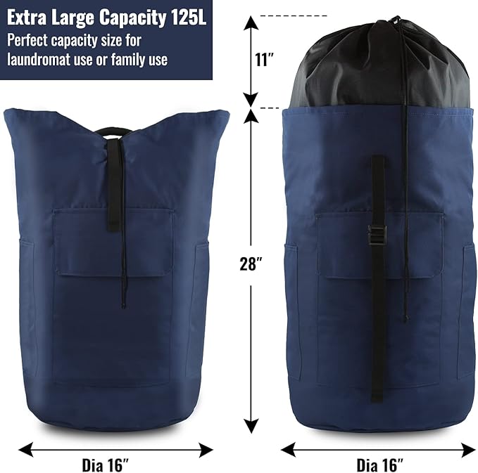Laundry Bag Backpack, 125L Extra Large Laundry Backpack with Shoulder Straps, Adjustable Extendable Laundry Hamper Bag with 3 Pockets for College, Travel, Camping (Dark Blue)