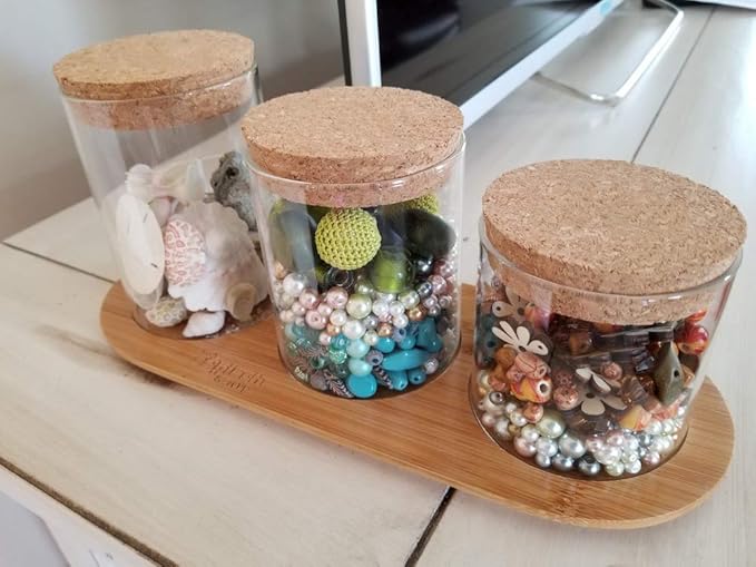 Glass Jar Set on Bamboo Tray, Natural Cork Lids, Bath Item Qtip Cotton Ball Canisters, Seasonal Display Decor, Centerpiece