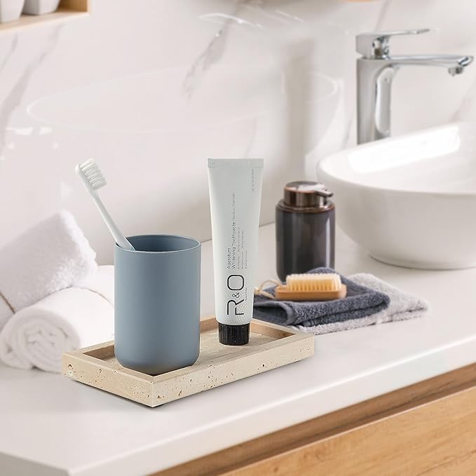 Natural Small Travertine Vanity Tray, Luxury Stone Organizer for Bathroom & Kitchen | Holds Soap Dispenser, Jewelry, Perfume | Non-Resin, Non-Ceramic Décor