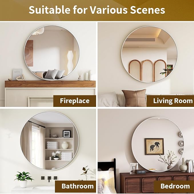 White Round Mirror, 30 Inch Circle Bathroom Mirror with Metal Frame, Wall-Mounted for Entryway, Bathroom, Vanity, Living Room