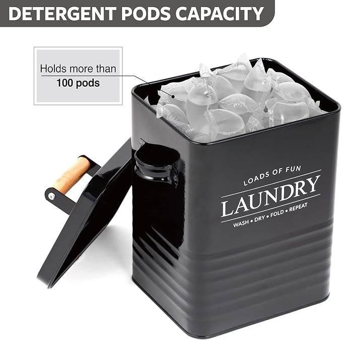 Calindiana Modern Farmhouse Metal Laundry Soap Dispenser Container Holder with Scoop for Laundry Room Decor and Space Saving Laundry Room Organization and Storage, Laundry Powder Container, Black