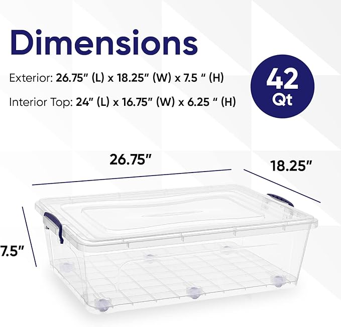Superio Storage Bins with Lids- Clear Boxes for Organizing, Stackable Plastic Containers- BPA Free, Non-Toxic, Odor Free, Organizer for Home, Office, Dorm (8 Pack, 42 Qt (Under Bed-Wheeled))