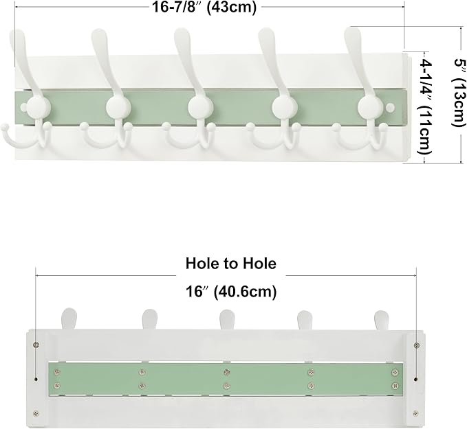 SKOLOO Coastal Wall Mounted Coat Rack - 16-7/8" Beach House Entryway Wooden Coat Hook with 5 Hooks for Hanging Coats, Hats or Towels, Oceanfront Cottage Core Collection, White & Green