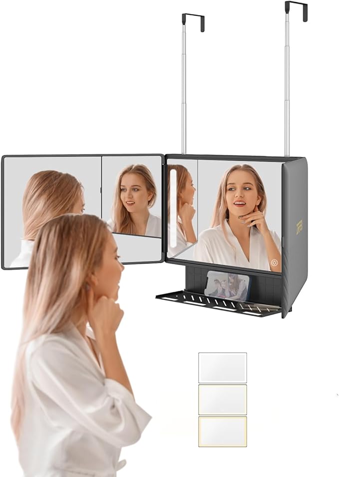 Dripex 3 Way Mirror with Storage Shelf and 3 Color LED Lights, Rechargeable Trifold Self Haircut 360° Mirror with Height Adjustable Hooks for Makeup, Styling, Shaving, Braiding, Dye Hair (Black)