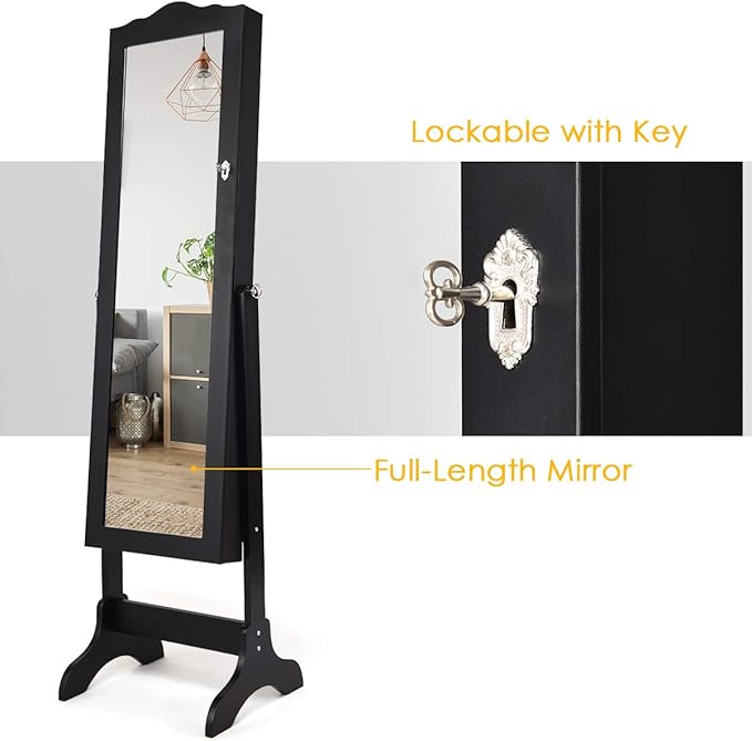Giantex Jewelry Armoire with Full Length Mirror, Lockable Standing Jewelry Cabinet, Mirror with Jewelry Storage, Ring Earring Necklace Makeup Display, Jewelry Organizer Box for Women Girls, Black
