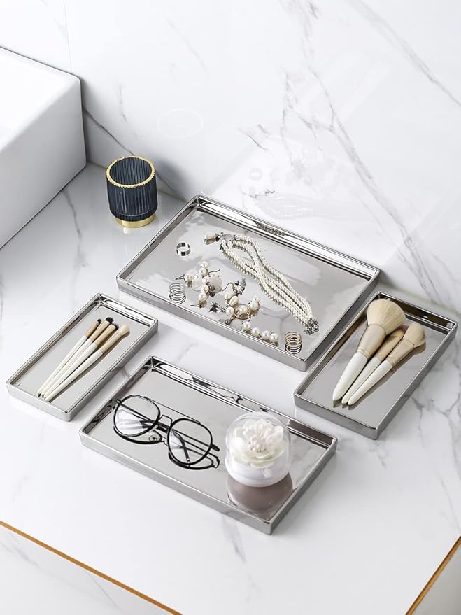 Silver Ceramic Jewelry Mirror Tray Vanity Holder Rectangular Mini Small Medium Large
