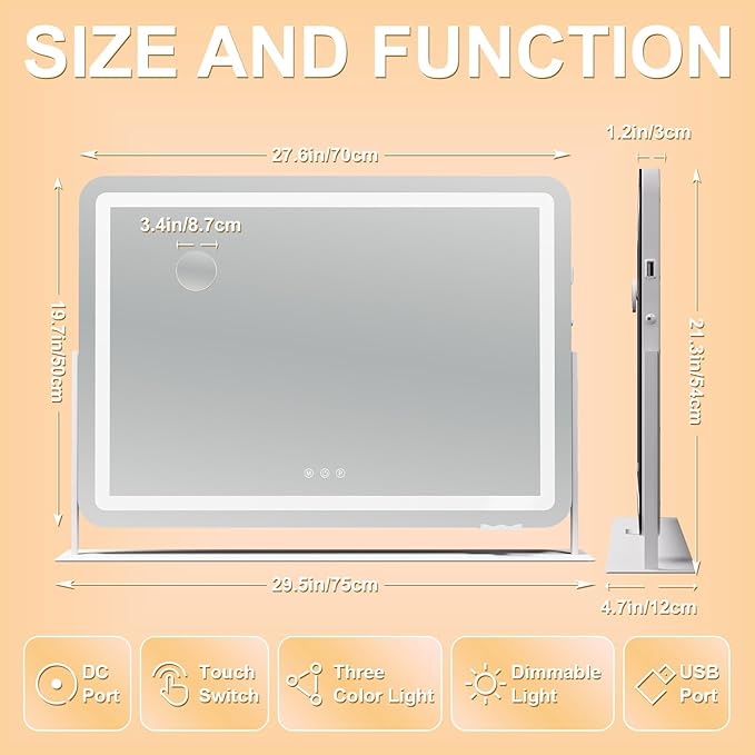 Hasipu Extra Large LED Vanity Mirror 30"x21" - Light up Makeup Mirror with 10X Magnification, Phone Holder, USB Charging & Smart Touch 3-Color Lighting (White)
