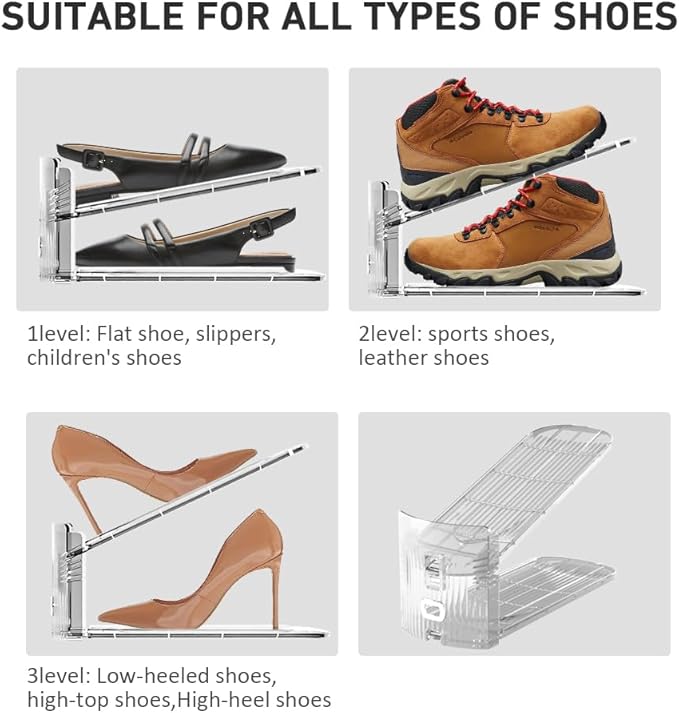 12 Pack Clear Shoe Slots Organizer - Adjustable Height 3.7''to 7.7'' Shoe stackers for a pair of shoes ,Shoe rack storage shoe space saver 50%,Easy to assemble shoe hold shoe organizer for cloest