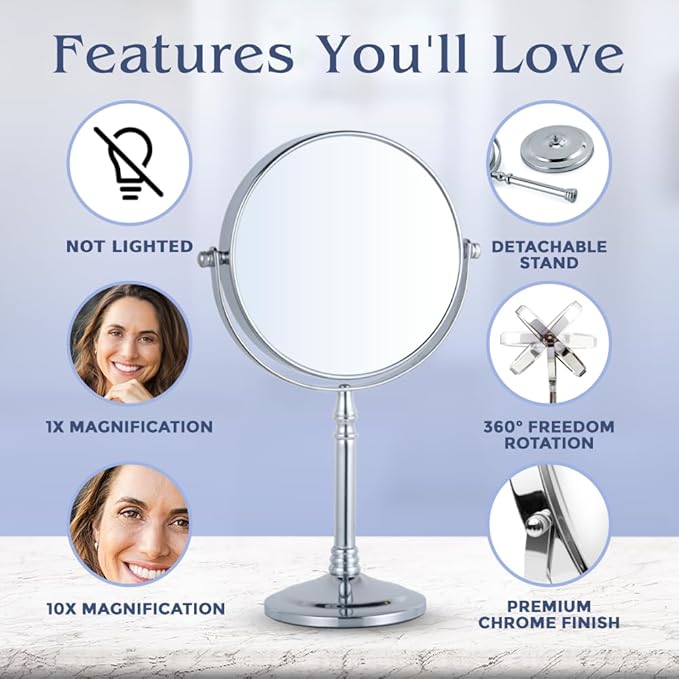 MIRRORVANA Large Double Sided 10X and 1X Magnifying Makeup Mirror with Stand in Gift Box, 15” Tall and 8” Wide