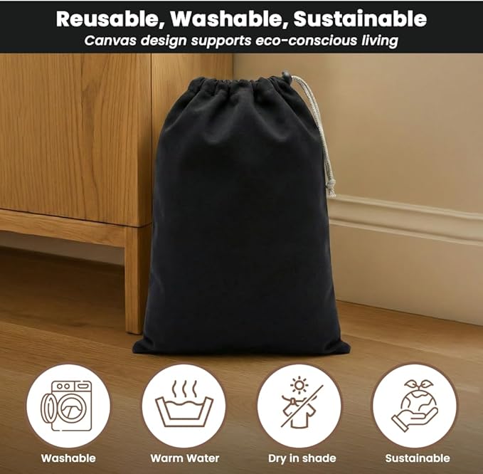 LFH Cotton Shoe Storage Bags with Drawstring, Dustproof Breathable Reusable Organizer, Perfect For Travel, Dorm, Hotel, College, Gym, Easy to Carry, Machine Washable 12"x17" (Pack of 4) - Black sand