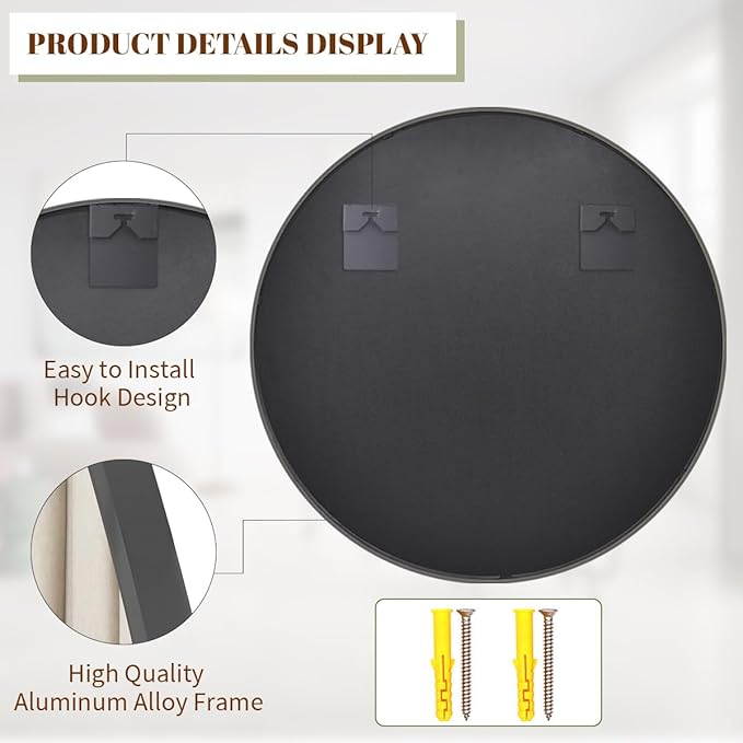 BEAUTYPEAK 28 Inch Round Mirror, Metal Frame Circle Mirror, Wall Mounted for Entryway, Bathroom, Vanity, Living Room, Black