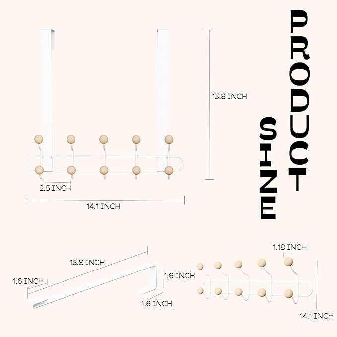 2 Pack Over The Door Hooks(13.8" H) with 10 Wooden Knobs, Over Door Hanger, Heavy Duty No Drill Hanger for Towels, Coats, Hats, Bags in Bathroom, Bedroom, Kitchen, Living Room