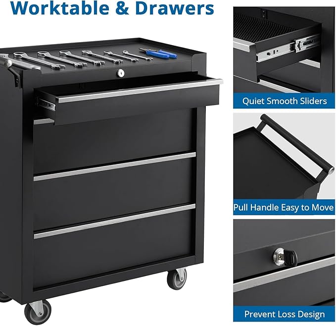 Rolling Tool Box with Wheels, 4 Drawer Tool Storage Cabinet, Portable Toolbox Organizer with Lock, Heavy Duty Tool Chest Cart for Garage, Mechanic, Workshop, Shop, Mobile Tool Organizer, Black