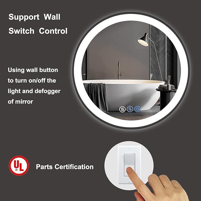 LED Bathroom Mirror with Lights 24'' Round Black Frame Vanity Mirror with Touch Lights Wall Mounted Mirror for 3Colors Dimmable Anti-Fog Memory Smart Light up Makeup Mirror Large Circle Wall Mirror