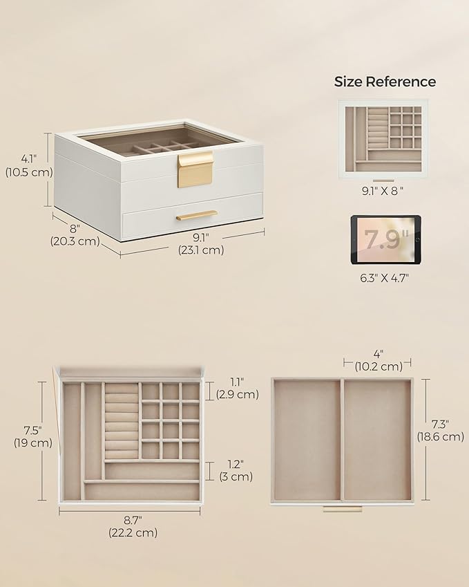 SONGMICS Jewelry Box Organizer with Glass Lid, 2-Layer Jewelry Storage, with 1 Drawer, Modern Style, 8 x 9.1 x 4.1 Inches, Cloud White and Gold Color UJBC174W01