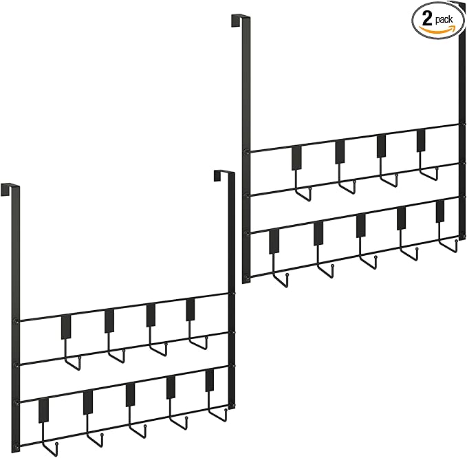 Over The Door Hooks, Over Door Hanger 9 Hooks, Coat Rack and Towel Rack for Hanging Clothes, Door Towel Hanger and Holder for Bathroom Organizer, Bedroom and Kitchen Black