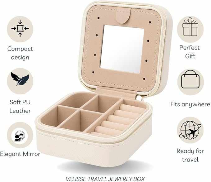 Velisse Travel Jewelry Case – Small Jewelry Travel Case Organizer, Jewelry Box Travel Case, PU Leather Jewelry Box for Rings, Earrings & Necklaces, Travel Organizer & Valentine’s Day Gifts for Her