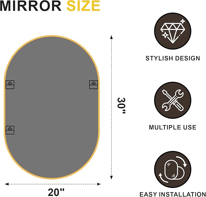 Oval Bathroom Mirror for Wall, 20"x30" Bathroom Vanity Mirror for Over Sink, Bedroom, Living Room, Entryway, Metal Frame & HD Shatterproof Glass, Wall Mounted Horizontally or Vertically (Gold)