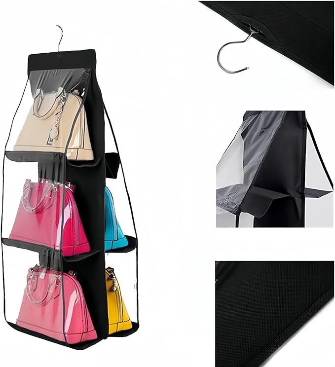 HAN SHENG 6 Pockets Clear Handbag & Purse Organizer Hanging Bag Storage - Space Saving Hanging Shelf for Closet, Wardrobe, Over Door (2 Pack, Black)