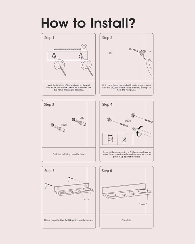 Hair Tool Organizer Wall Mounted - Wooden Dryer Holder, Blow Dryer Holder for Bathroom, Rustic Styling Tools Organizer for Flat Iron, Curling Wand, Hair Straighteners, Brushes, Black