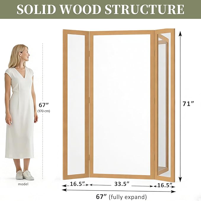Trifold Mirror Full Length with Tempered Glass, 3 Way Oversized Extra Large Floor Mirror with Wood Frame, Decorative Mirror for Home,Wedding Dress/Clothing Shop/Bedroom/Closet, 71"x67" (Brown)