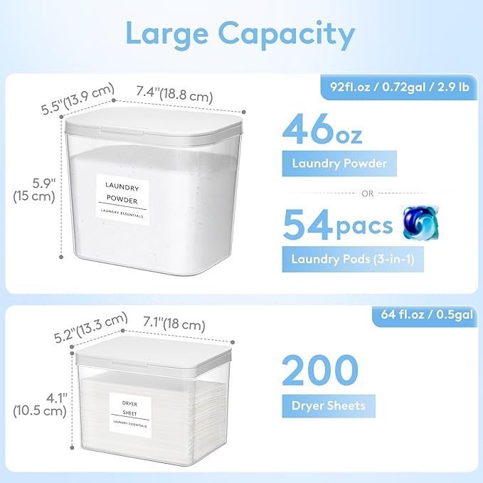 Lifewit Laundry Pods Container with Pop-up Lid, Detergent Dispenser, Dryer Sheet Holder, Laundry Room Organization Storage Jars for Washing Powder, Soap, Scent Booster Beads,0.5+0.72gal, 3 Pcs