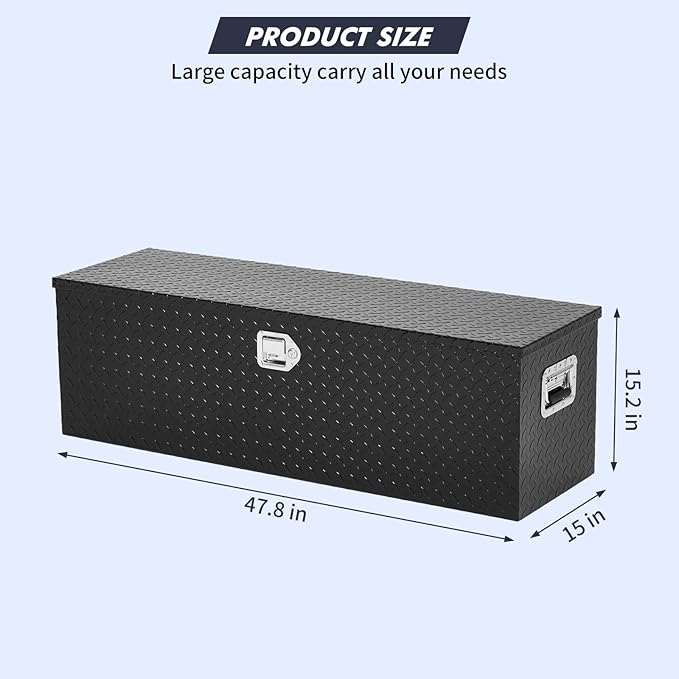 Garvee Aluminum Truck Bed Tool Box, 15 x 15 x 48 in Diamond Plate Tool Box Chest Box Pick Up Truck Bed RV Trailer Toolbox Storage with Side Handle and Lock Keys