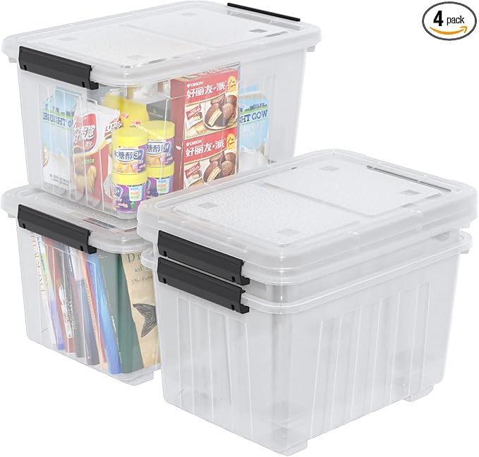 50 L Plastic Storage Bin with Wheels, Large Clear Latching Storage Box, 4 Pack