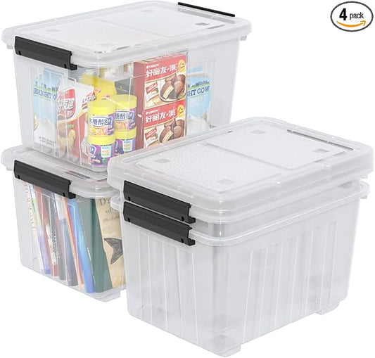 50 L Plastic Storage Bin with Wheels, Large Clear Latching Storage Box, 4 Pack