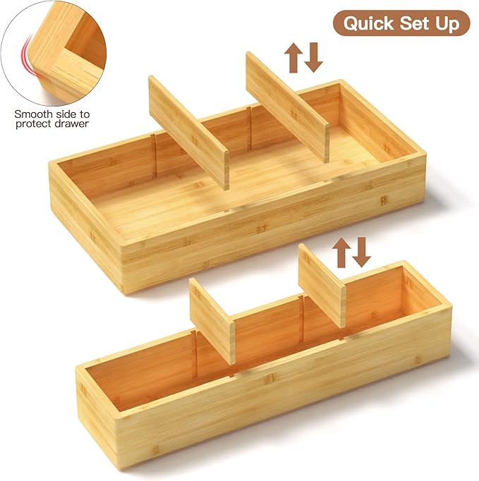 5 pieces Bamboo Drawer Organizer, Adjustable 3 Individual Junk Drawer organizer for Bathroom and Kitchen, Wood Drawer Organier Boxes for Jewellery, Make up and Tea Bag