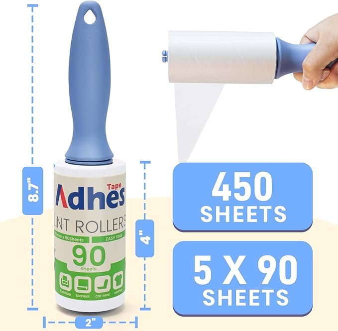 ADHES Lint Roller for Pet Hair – 5 Rolls + 2 Handles, 4 Inch x 90 Sheets, Extra Sticky Disposable Lint Rollers for Clothes, Furniture & Car Hair Removal – Portable Pet Hair Remover