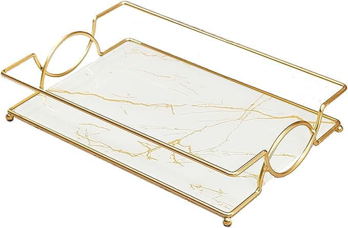 Vanity Tray Luxury Bathroom Counter Tray Glass Perfume Organizer Holder Cosmetics Makeup Skincare Display Decorative Vanity Trays for Bathroom Dresser Bedroom (Platinum, L)
