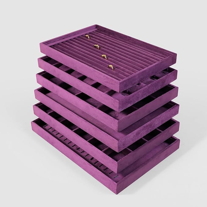 Velvet Stackable Jewelry Display Tray, 24 Grid Earring Ring Storage Tray, Drawer Divider Jewelry Accessories Organizer Plate (Purple)