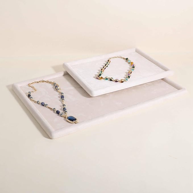 Rectangle Jewelry storage organizer plate, Velvet Jewerly display tray, Empty showcase tray for Necklace Bracelet Ring Earring【Beige-Large, 17.7 x 11.8 in 】