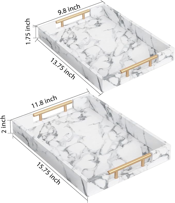 SwallowLiving Set of 2 White Fake Marble Serving Tray with Gold Polished Metal Handles White Decorative Wood Tray PU Leather with Brushed Gold for Coffee Table Ottoman Console Table Decor