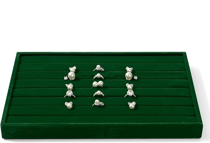 7 Slots Velvet Jewelry Tray Ring Earring Display Tray Jewelry Drawer Organizer Ring Earring Holder Storage (Green)