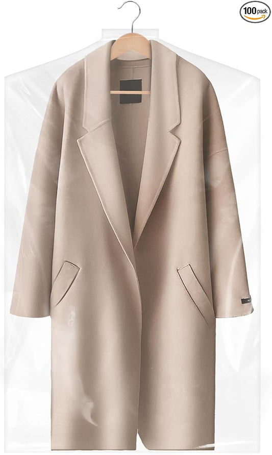 100 Pack 23.6"x55" Garment Bags for Hanging Clothes, Thick Clear Plastic Dry Cleaning Covers for Closet Storage & Travel