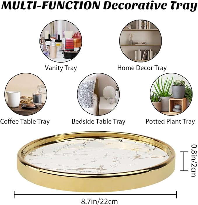 Round Marble Decorative Tray, Multi-Functional Storage Organizer for Vanity, Coffee Table, Jewelry, Perfumes and Home Decor, Luxury Accent Tray