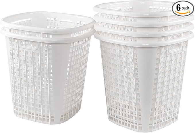 50L Tall Plastic Laundry Hampers with Cut Out Handles, Plastic Laundry Baskets, White, 6 Packs