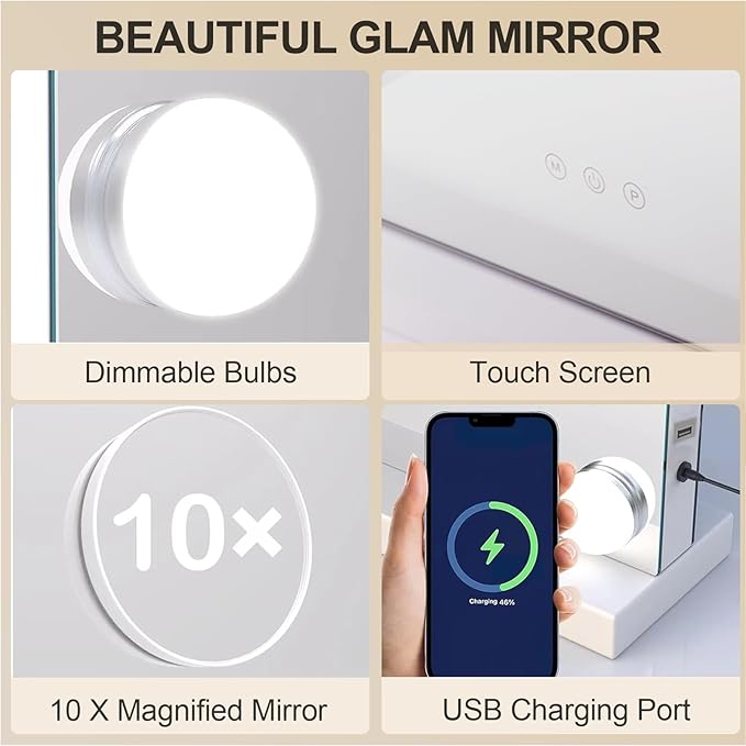 YOURLITE Vanity Mirror with Lights, 32"X25" Large Hollywood Mirror with Lights with 18 Bulbs, 3 Colors Modes & Adjustable Brightness,Vanity Mirror 10x Spot Mirror, USB Charging Port
