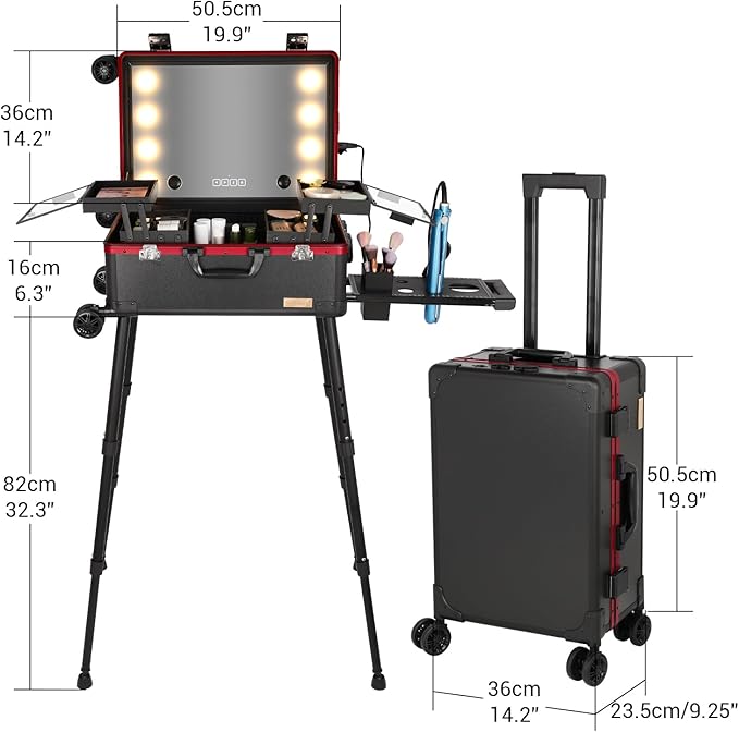 20" Aluminum Ligthed Makeup Train Case with LED Lights Professional Cosmetic Organizer Studio with Speaker, Wheels and Stands Rolling Trolley Makeup Vanity Station for Travel (Black)