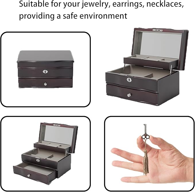 Brown jewelry box,watch cases for men with large Window,3-Tier Storage Organizer And Velvet Lining,jewelry organizers and storage for watches,Tie Pins, Rings