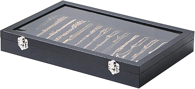 14 Hooks Necklace Storage Tray, Velvet Neckalce Organizer Box with Clear Lid, Pendant Chain Necklace Jewelry Organizer Drawer Tray for Women Girls (Black)