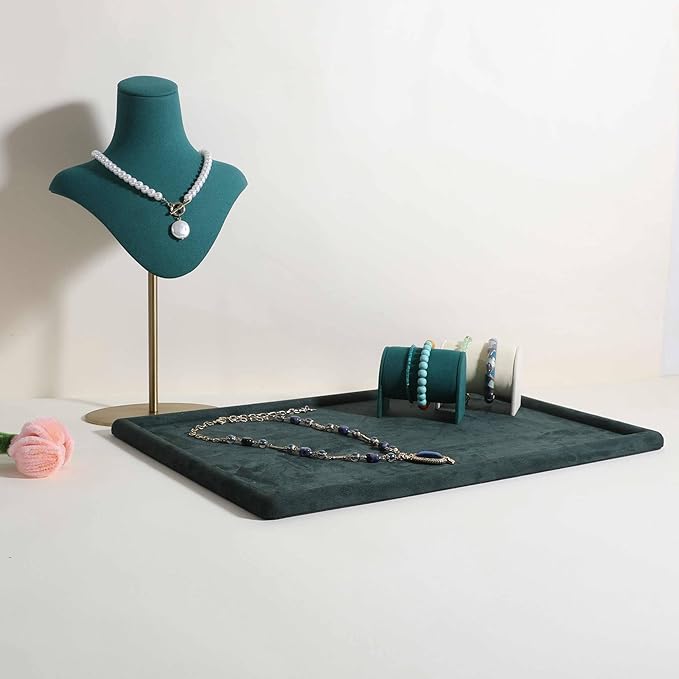 Rectangle Jewelry storage organizer plate, Velvet Jewerly display tray, Empty showcase tray for Necklace Bracelet Ring Earring【Green-Large, 17.7 x 11.8 in 】
