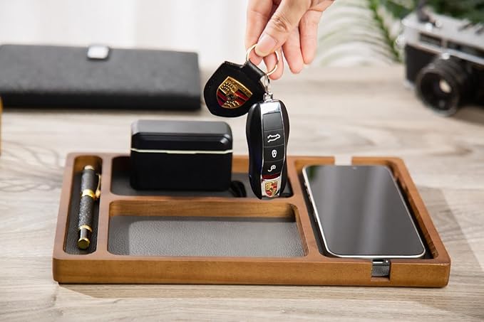 Shinpuru Wooden Valet Tray with Leather Inlay - Nightstand & Desk Organizer - EDC Essentials Catchall Tray for Keys, Phone, Wallet, Watch, Earbuds - Stylish Storage (Wood-Pen)