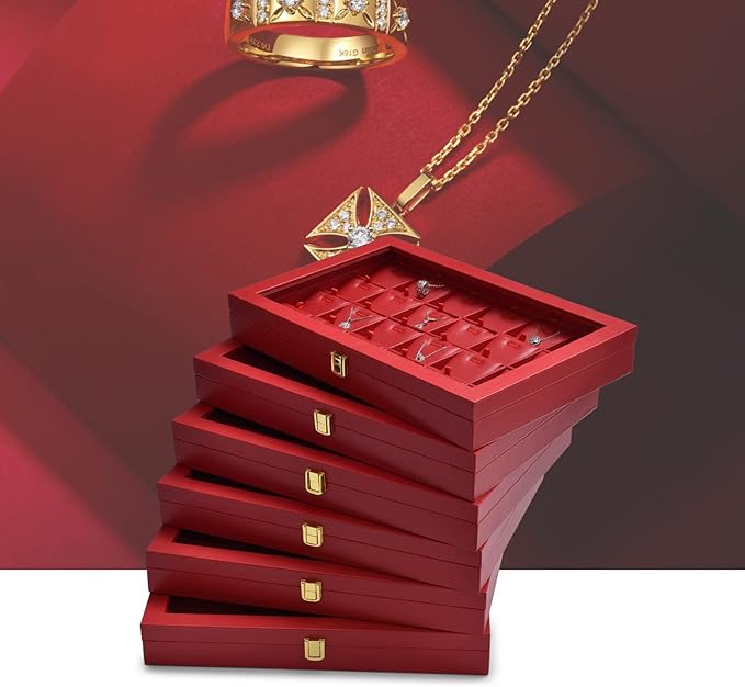 Oirlv Luxury Leather Rings Earrings Organizer Tray with Clear Lid Jewelry Display Box with Acrylic Lid Stackable Jewelry Box Drawer Inserts