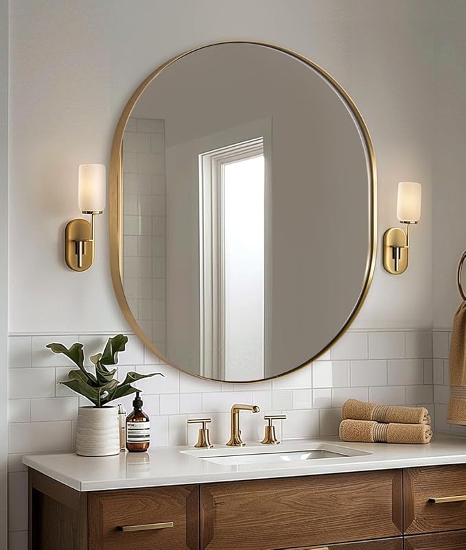 ANDY STAR 30x36'' Gold Oval Mirror, Brass Oval Mirror Pill-Shaped Design in Stainless Steel Metal Frame for Bathroom, Entryway, Living Room, Contemporary 1" Deep Wall Mount Vertical or Horizontal