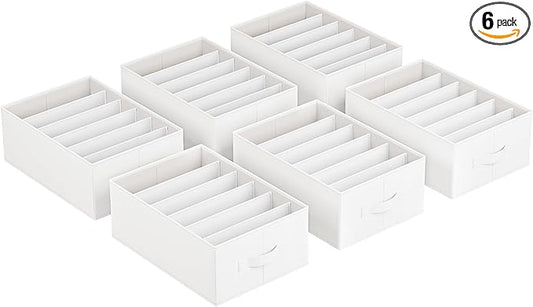 SONGMICS Set of 6 Large Size Wardrobe Clothes Organizers, 6-Compartment Foldable Drawer Organizers with Handles, 16.5 x 11.8 x 6.7 Inches, for Pants, Sweaters, Jeans, Cloud White URUS009W03